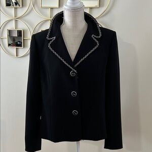 Suit Studio Black Blazer with White Trim, three button front closure, padded, 14